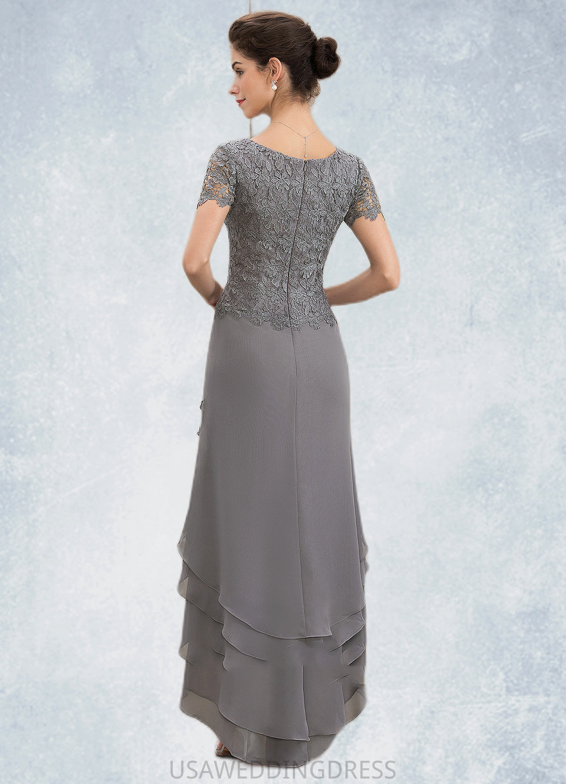 Kathy A-Line Scoop Neck Asymmetrical Chiffon Lace Mother of the Bride Dress With Cascading Ruffles DS126P0014757