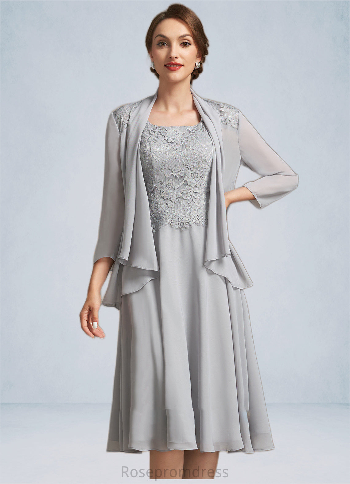 Madeline A-Line Square Neckline Knee-Length Chiffon Lace Mother of the Bride Dress SRS126P0014759