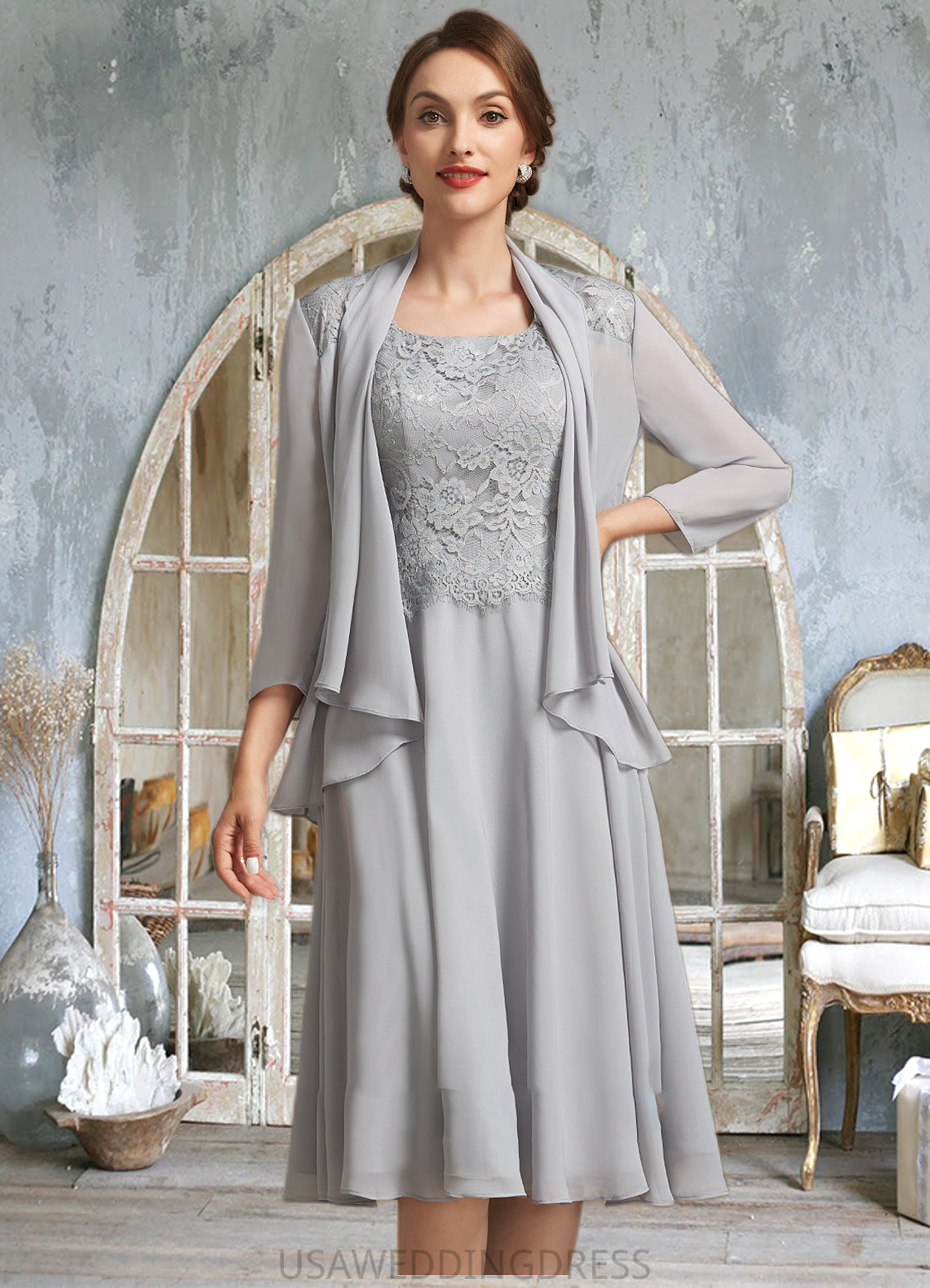 Piper A-Line Square Neckline Knee-Length Chiffon Lace Mother of the Bride Dress DS126P0014759