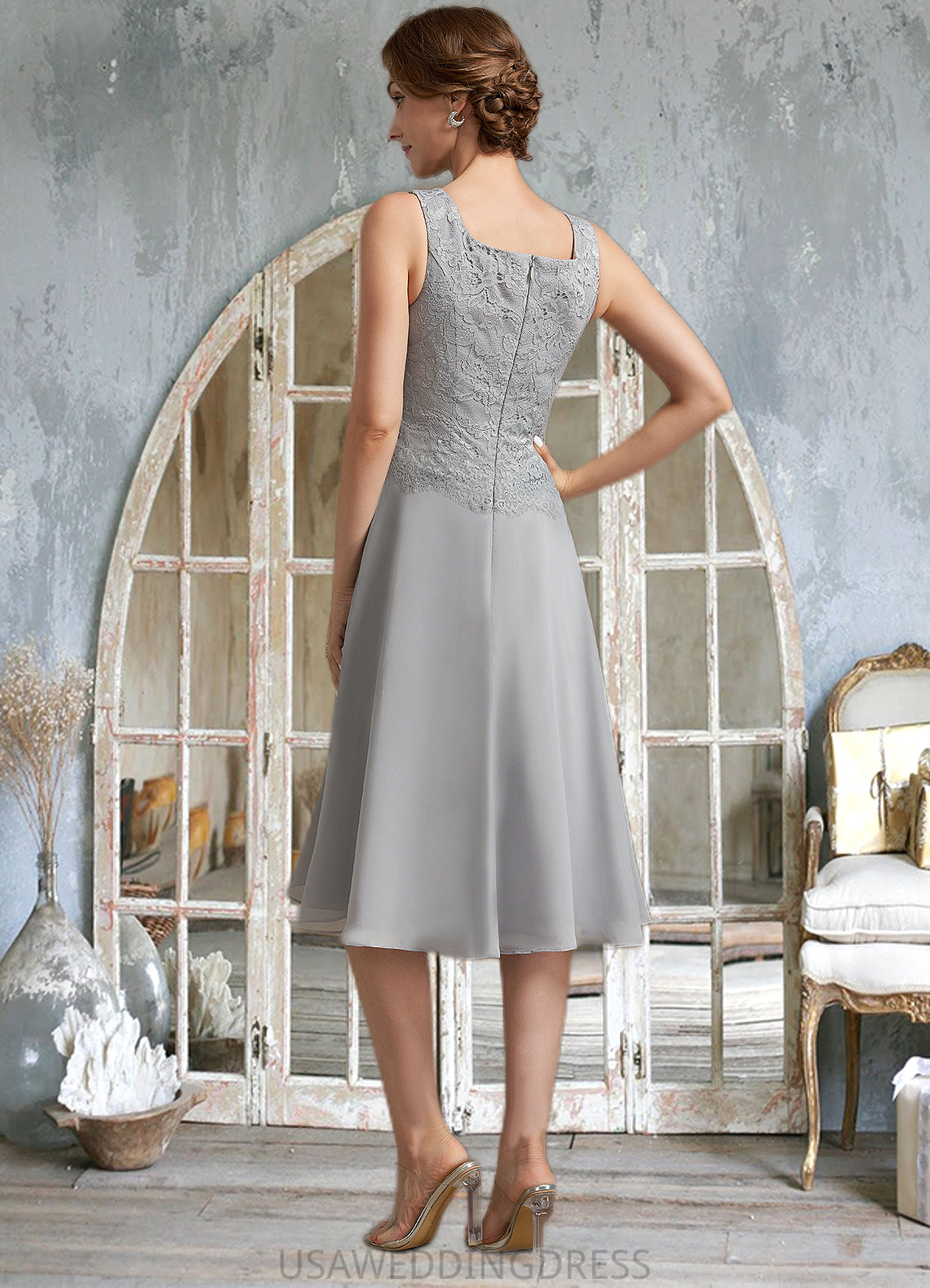 Piper A-Line Square Neckline Knee-Length Chiffon Lace Mother of the Bride Dress DS126P0014759