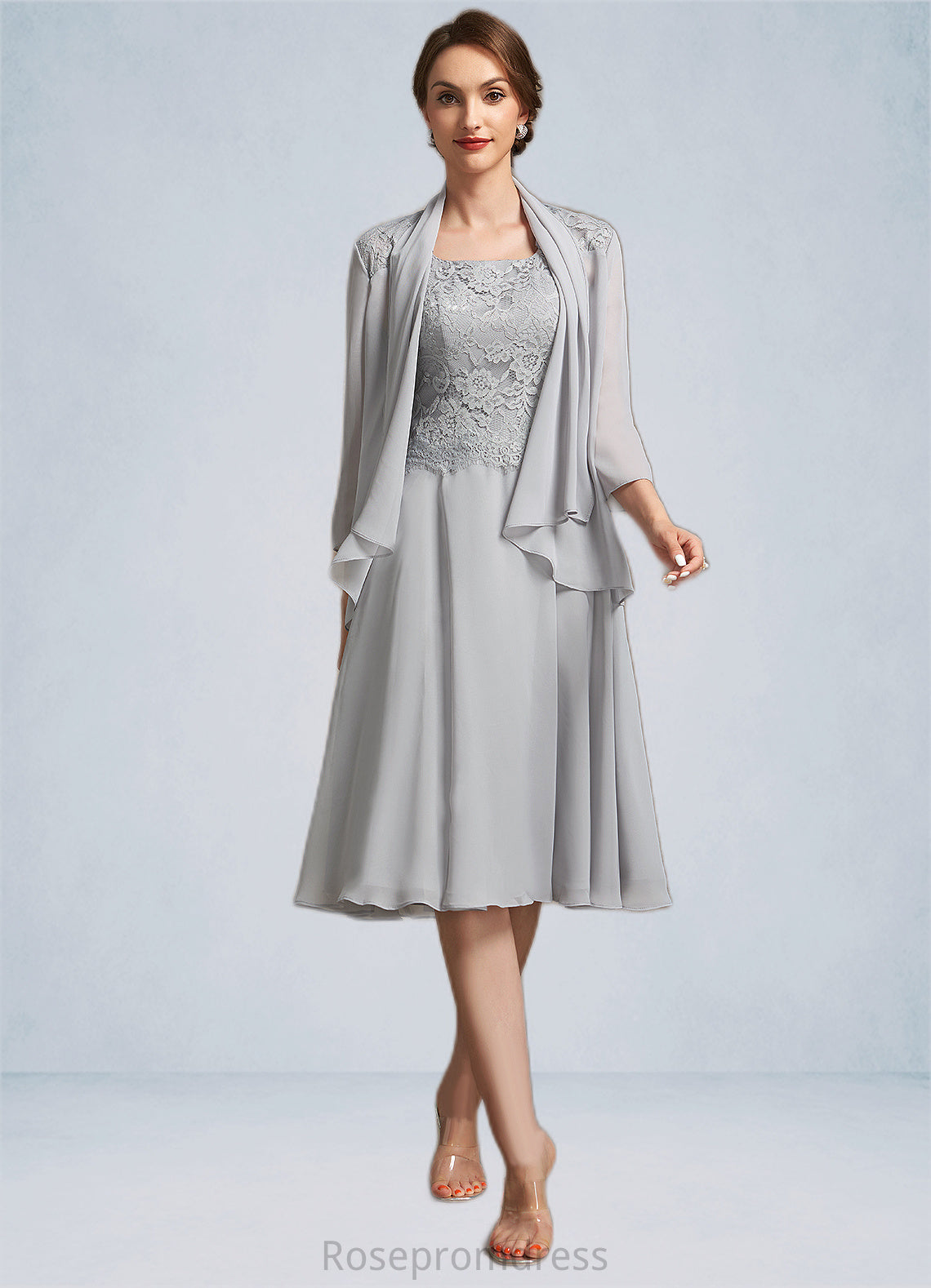 Madeline A-Line Square Neckline Knee-Length Chiffon Lace Mother of the Bride Dress SRS126P0014759