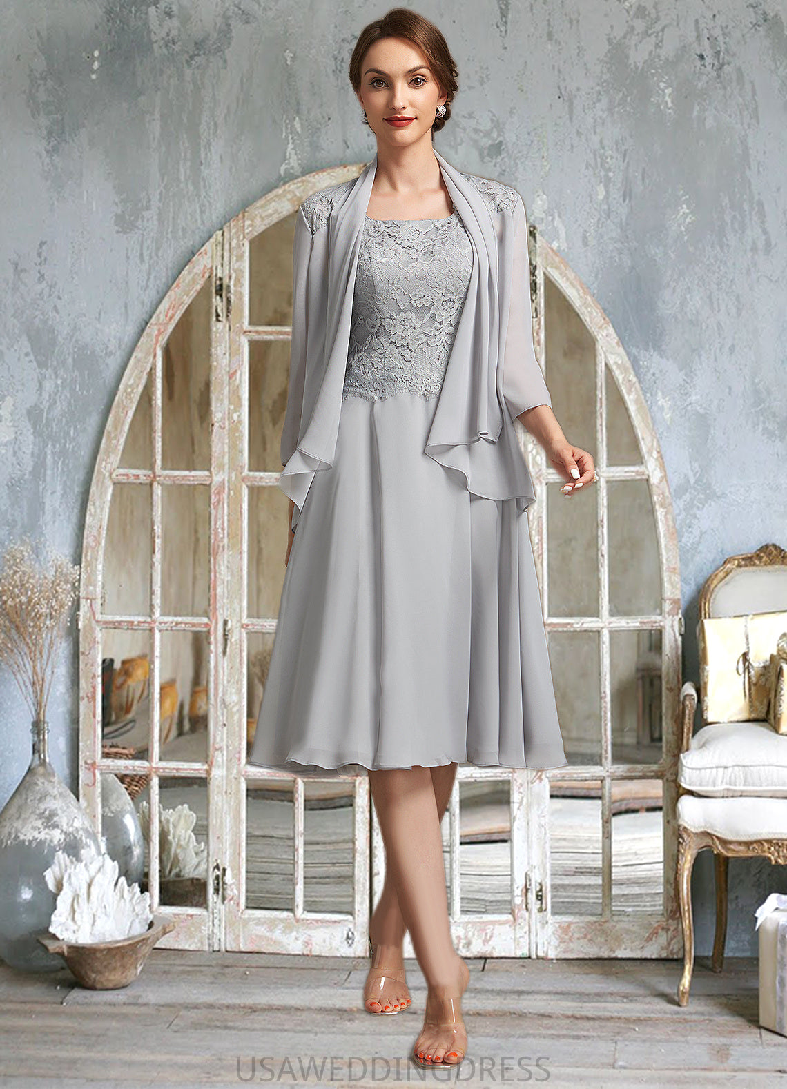 Piper A-Line Square Neckline Knee-Length Chiffon Lace Mother of the Bride Dress DS126P0014759