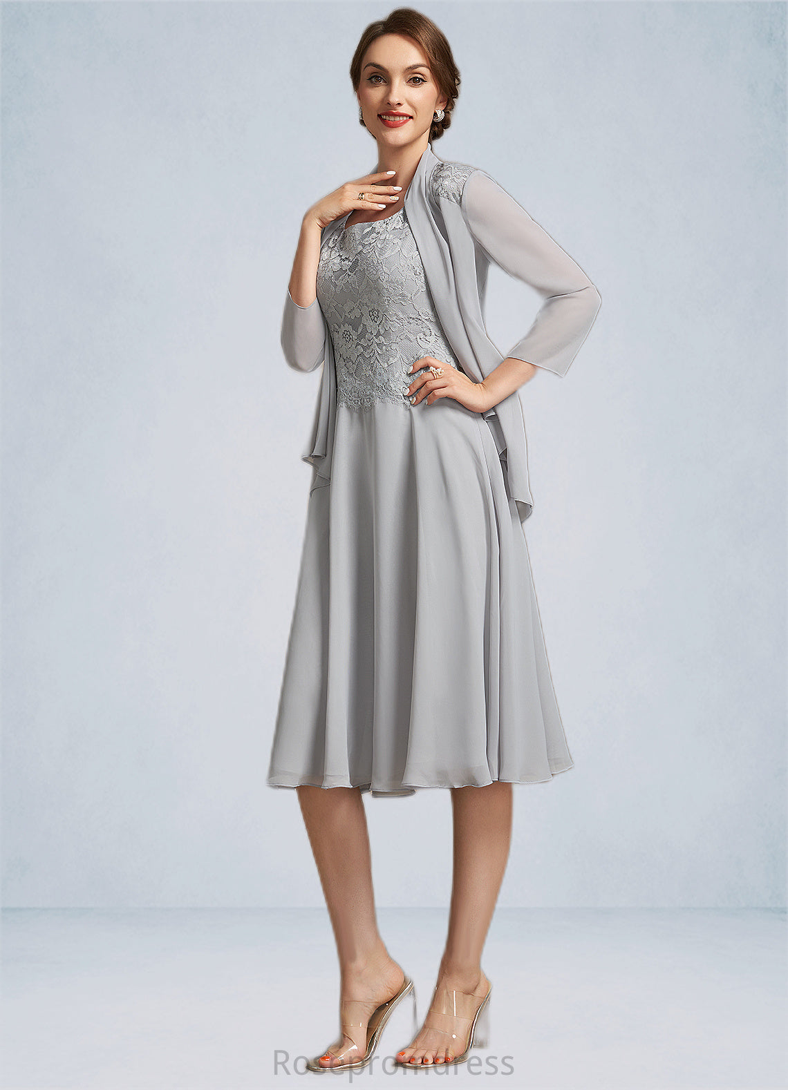 Madeline A-Line Square Neckline Knee-Length Chiffon Lace Mother of the Bride Dress SRS126P0014759