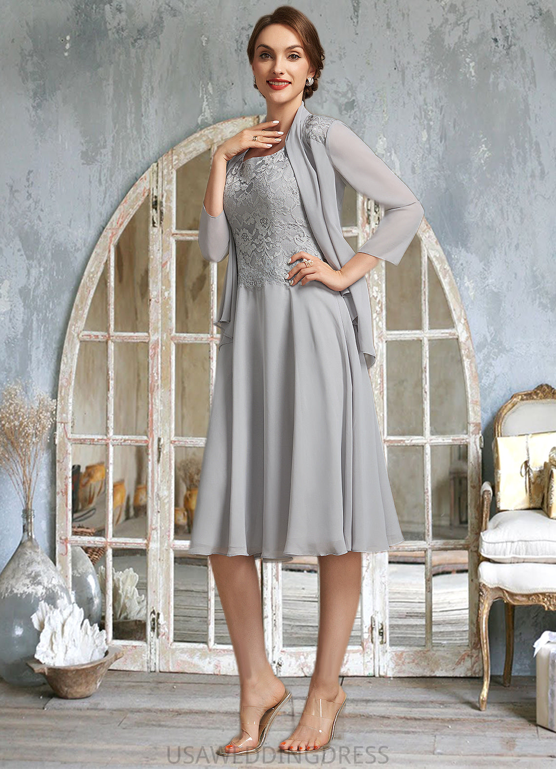 Piper A-Line Square Neckline Knee-Length Chiffon Lace Mother of the Bride Dress DS126P0014759