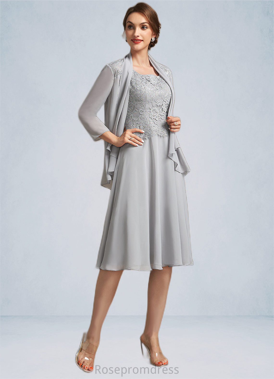 Madeline A-Line Square Neckline Knee-Length Chiffon Lace Mother of the Bride Dress SRS126P0014759