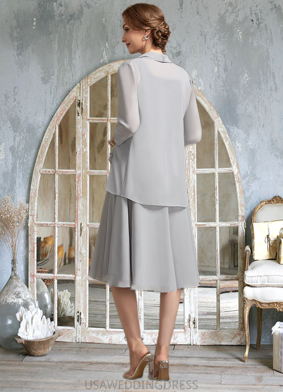 Piper A-Line Square Neckline Knee-Length Chiffon Lace Mother of the Bride Dress DS126P0014759