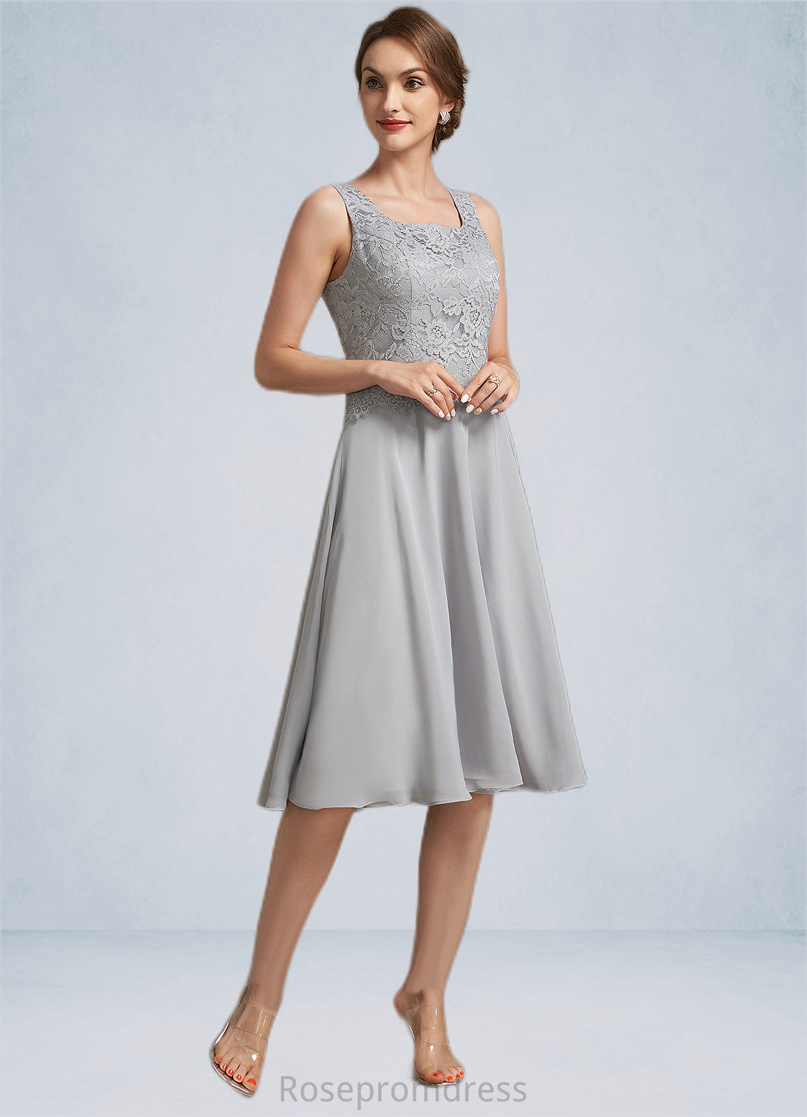 Madeline A-Line Square Neckline Knee-Length Chiffon Lace Mother of the Bride Dress SRS126P0014759
