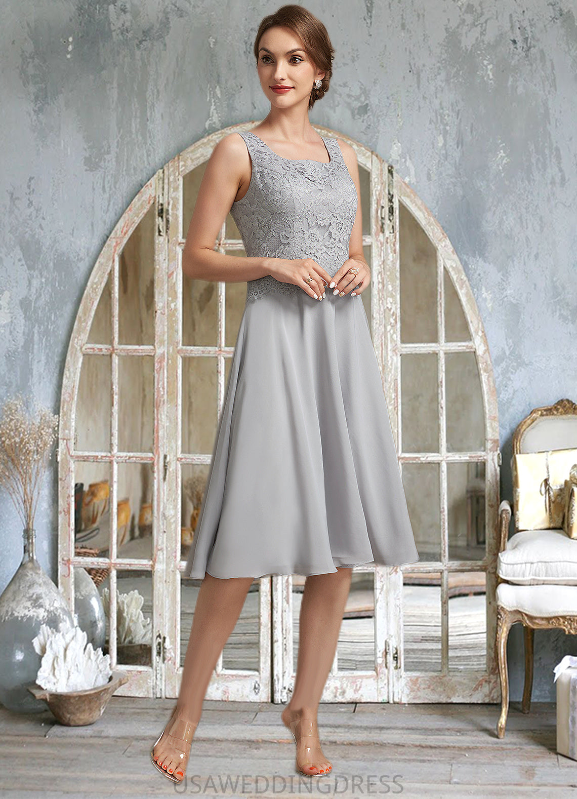 Piper A-Line Square Neckline Knee-Length Chiffon Lace Mother of the Bride Dress DS126P0014759