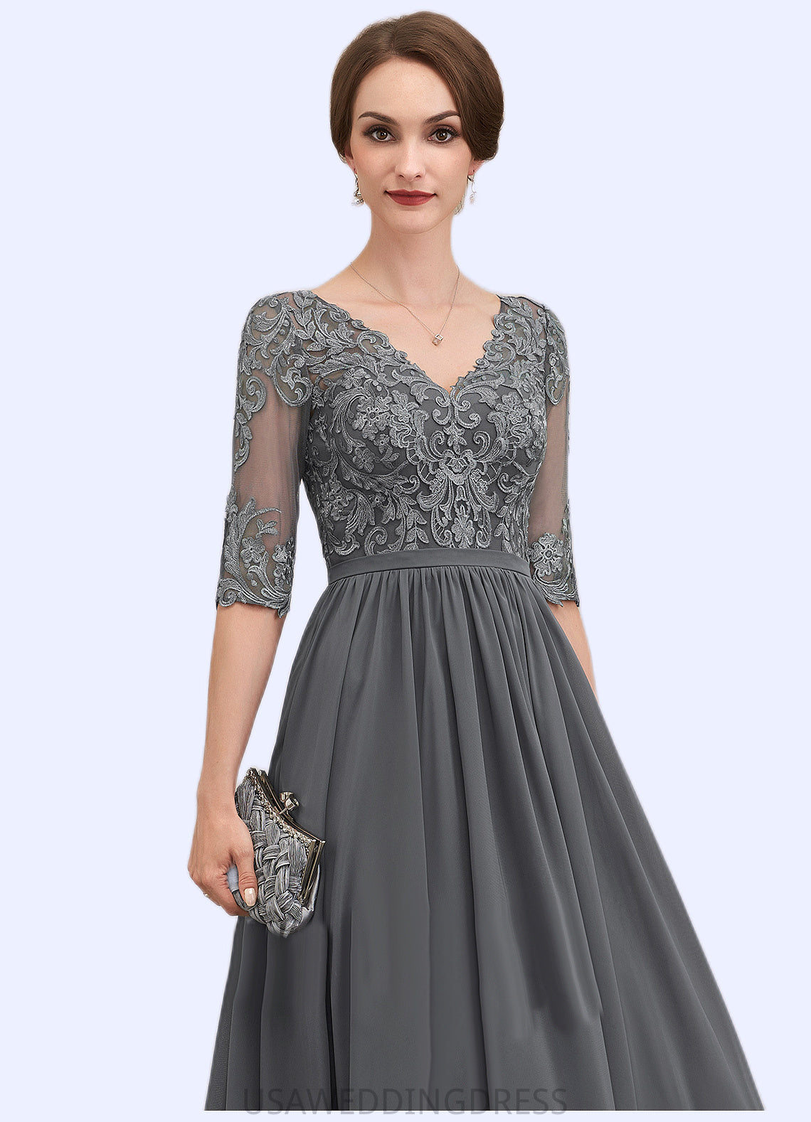 Ariella A-line V-Neck Ankle-Length Chiffon Lace Mother of the Bride Dress DS126P0014760