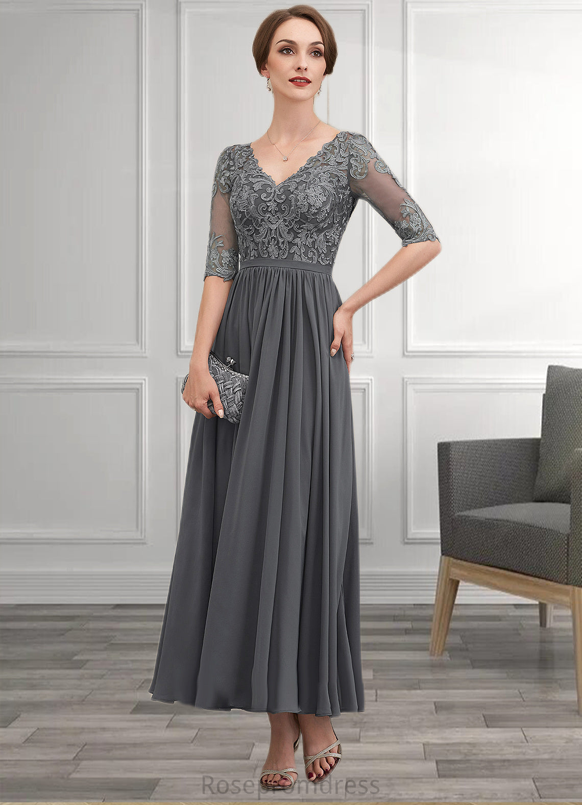 Azaria A-line V-Neck Ankle-Length Chiffon Lace Mother of the Bride Dress SRS126P0014760