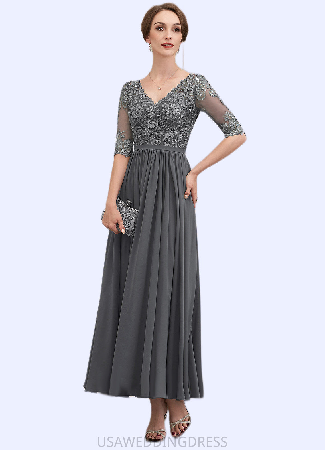 Ariella A-line V-Neck Ankle-Length Chiffon Lace Mother of the Bride Dress DS126P0014760