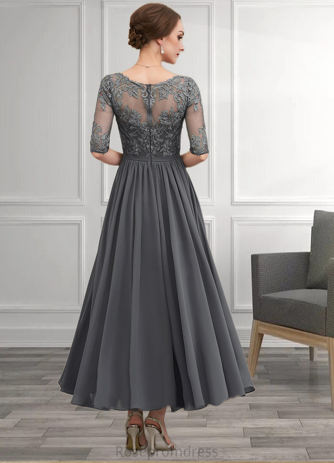 Azaria A-line V-Neck Ankle-Length Chiffon Lace Mother of the Bride Dress SRS126P0014760
