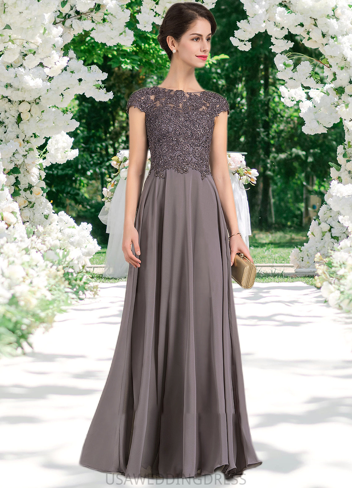 Aileen A-Line Scoop Neck Floor-Length Chiffon Lace Mother of the Bride Dress With Beading DS126P0014761