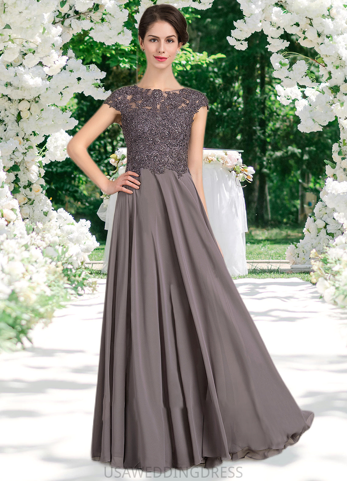 Aileen A-Line Scoop Neck Floor-Length Chiffon Lace Mother of the Bride Dress With Beading DS126P0014761