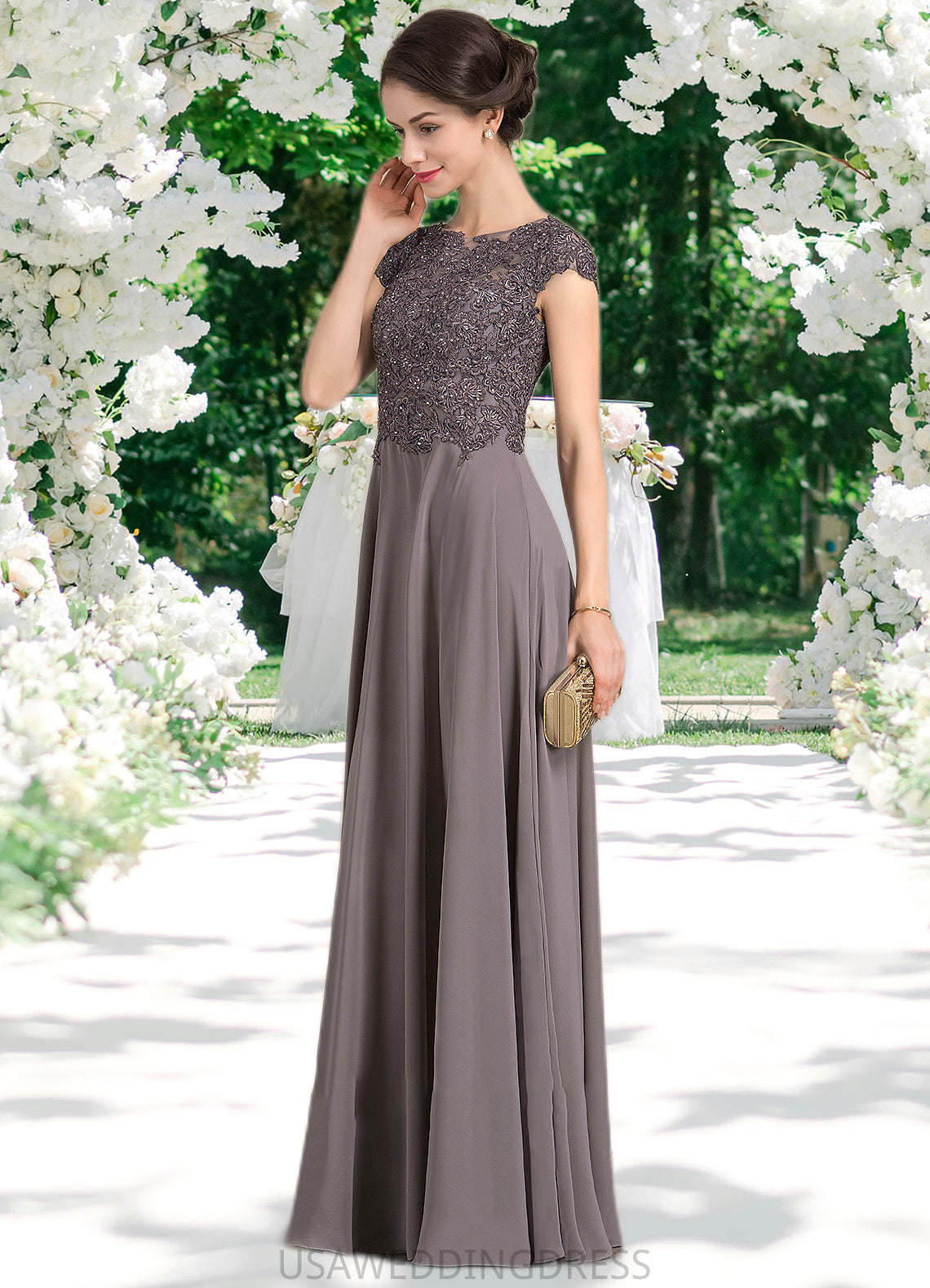 Aileen A-Line Scoop Neck Floor-Length Chiffon Lace Mother of the Bride Dress With Beading DS126P0014761