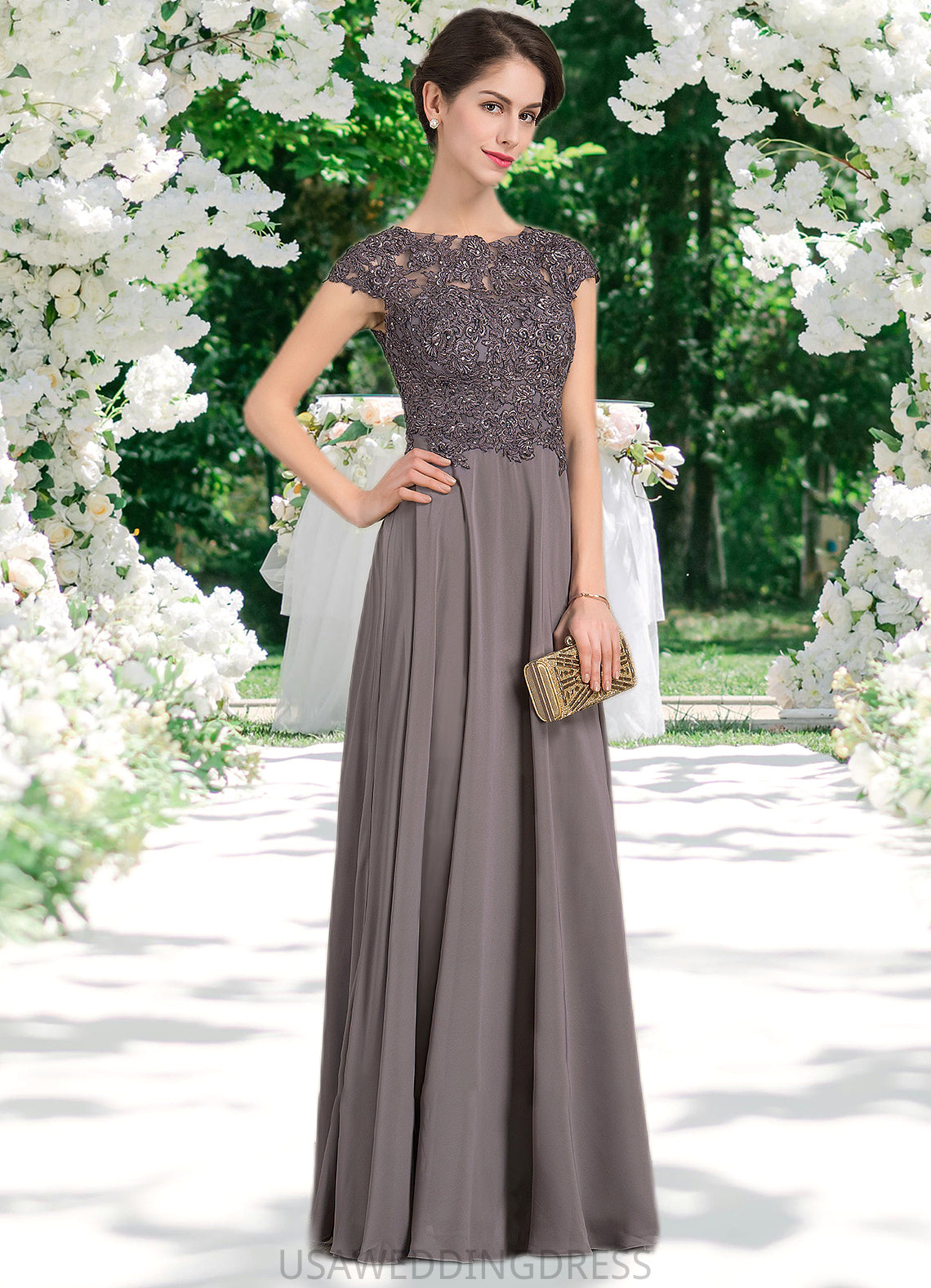 Aileen A-Line Scoop Neck Floor-Length Chiffon Lace Mother of the Bride Dress With Beading DS126P0014761