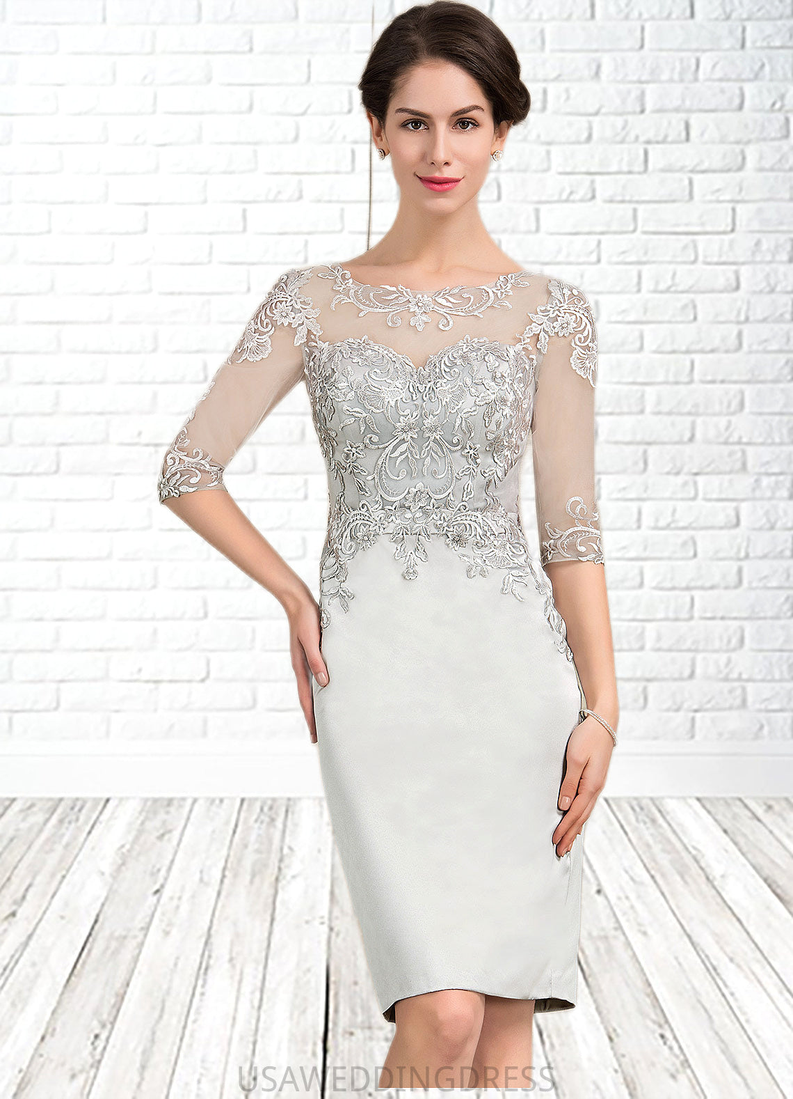 Louise Sheath/Column Scoop Neck Knee-Length Satin Lace Mother of the Bride Dress DS126P0014762