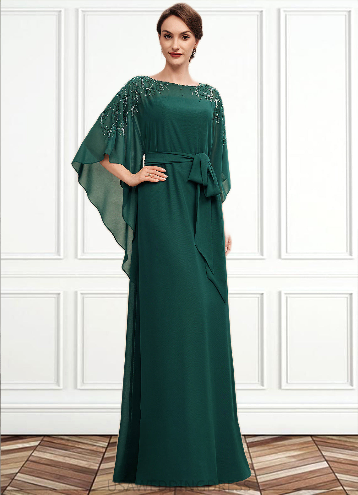 Saige A-Line Scoop Neck Floor-Length Chiffon Mother of the Bride Dress With Beading Bow(s) DS126P0014763