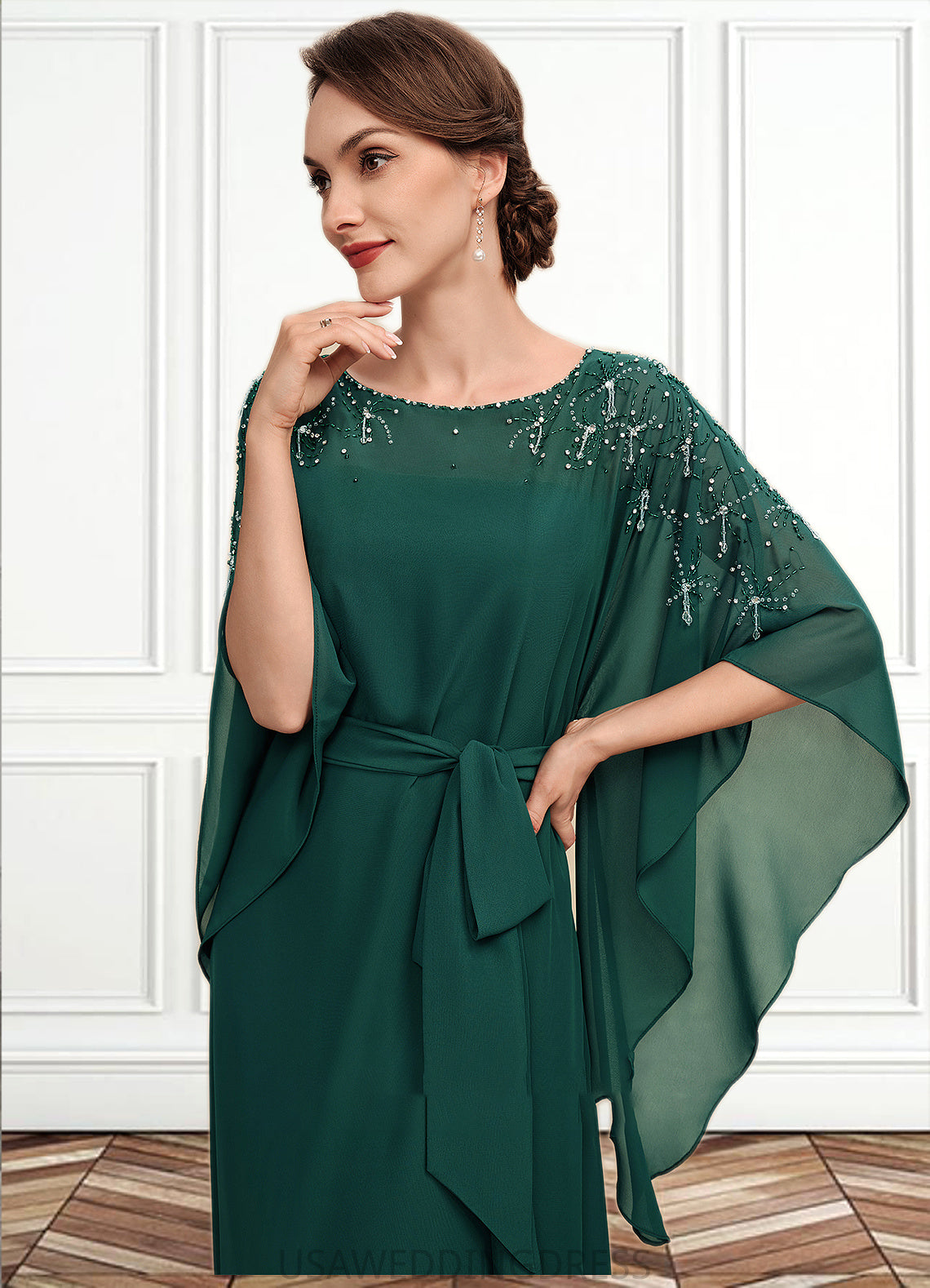 Saige A-Line Scoop Neck Floor-Length Chiffon Mother of the Bride Dress With Beading Bow(s) DS126P0014763