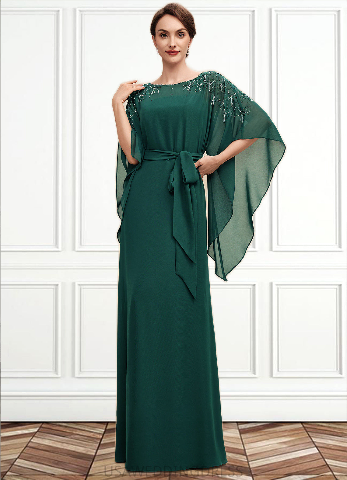 Saige A-Line Scoop Neck Floor-Length Chiffon Mother of the Bride Dress With Beading Bow(s) DS126P0014763