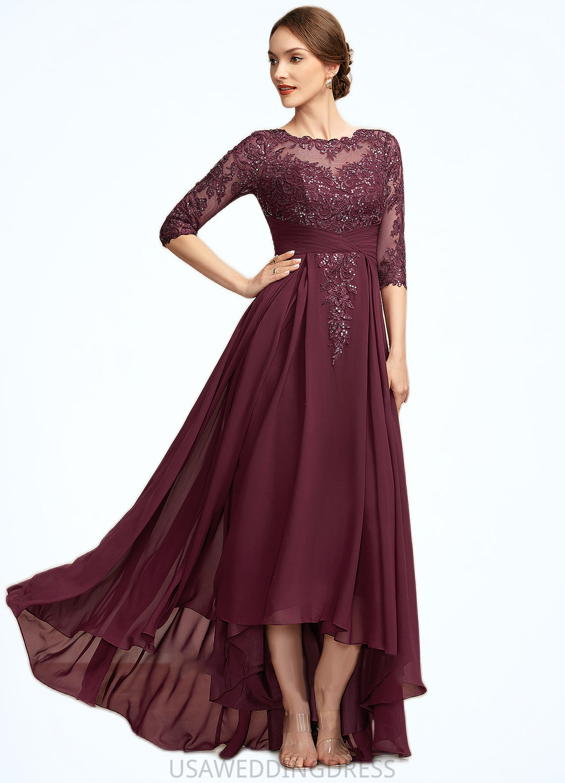 Jean A-Line Scoop Neck Asymmetrical Chiffon Lace Mother of the Bride Dress With Ruffle Sequins DS126P0014765