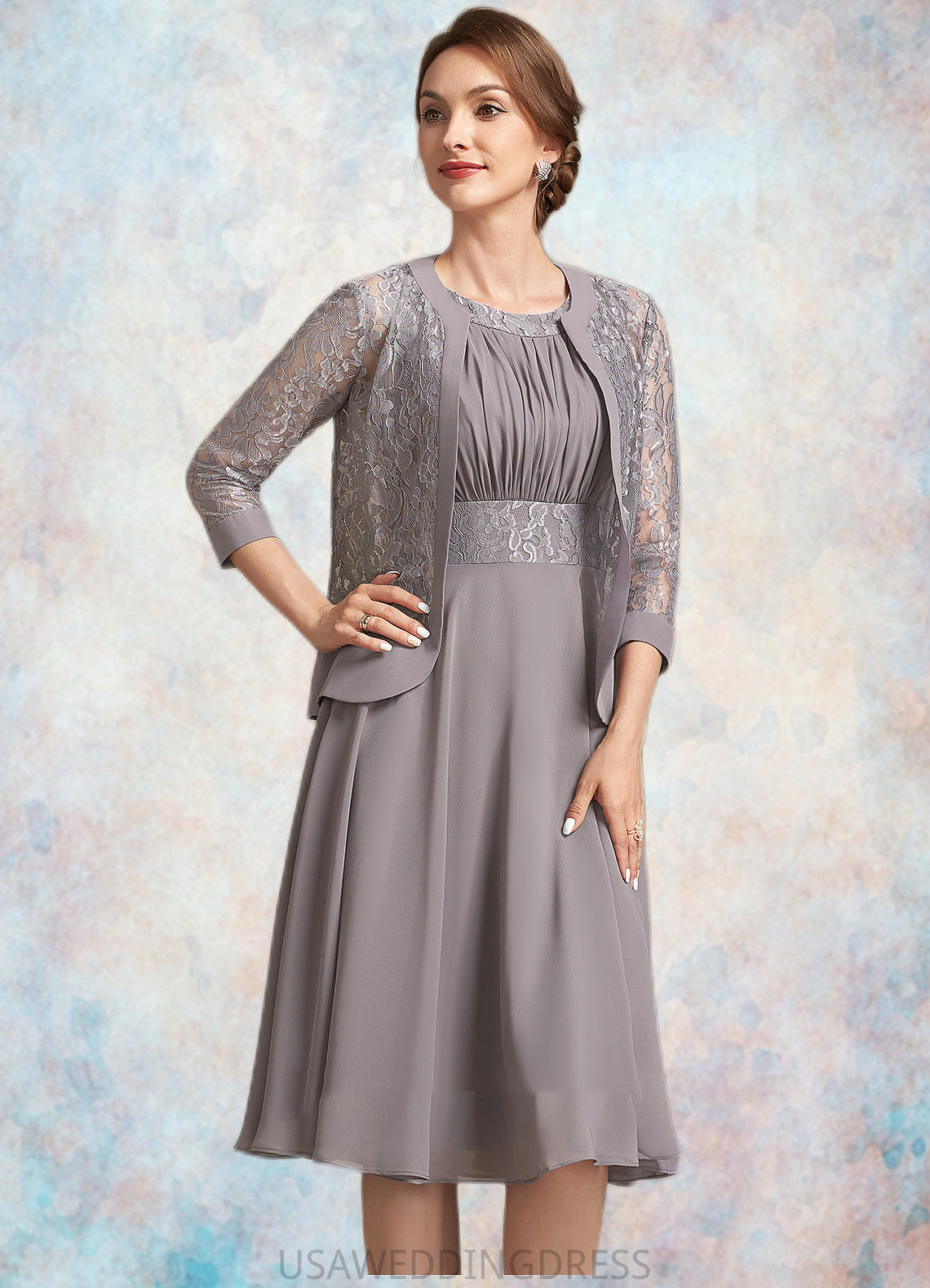 Thirza A-Line Scoop Neck Knee-Length Chiffon Lace Mother of the Bride Dress With Ruffle DS126P0014766