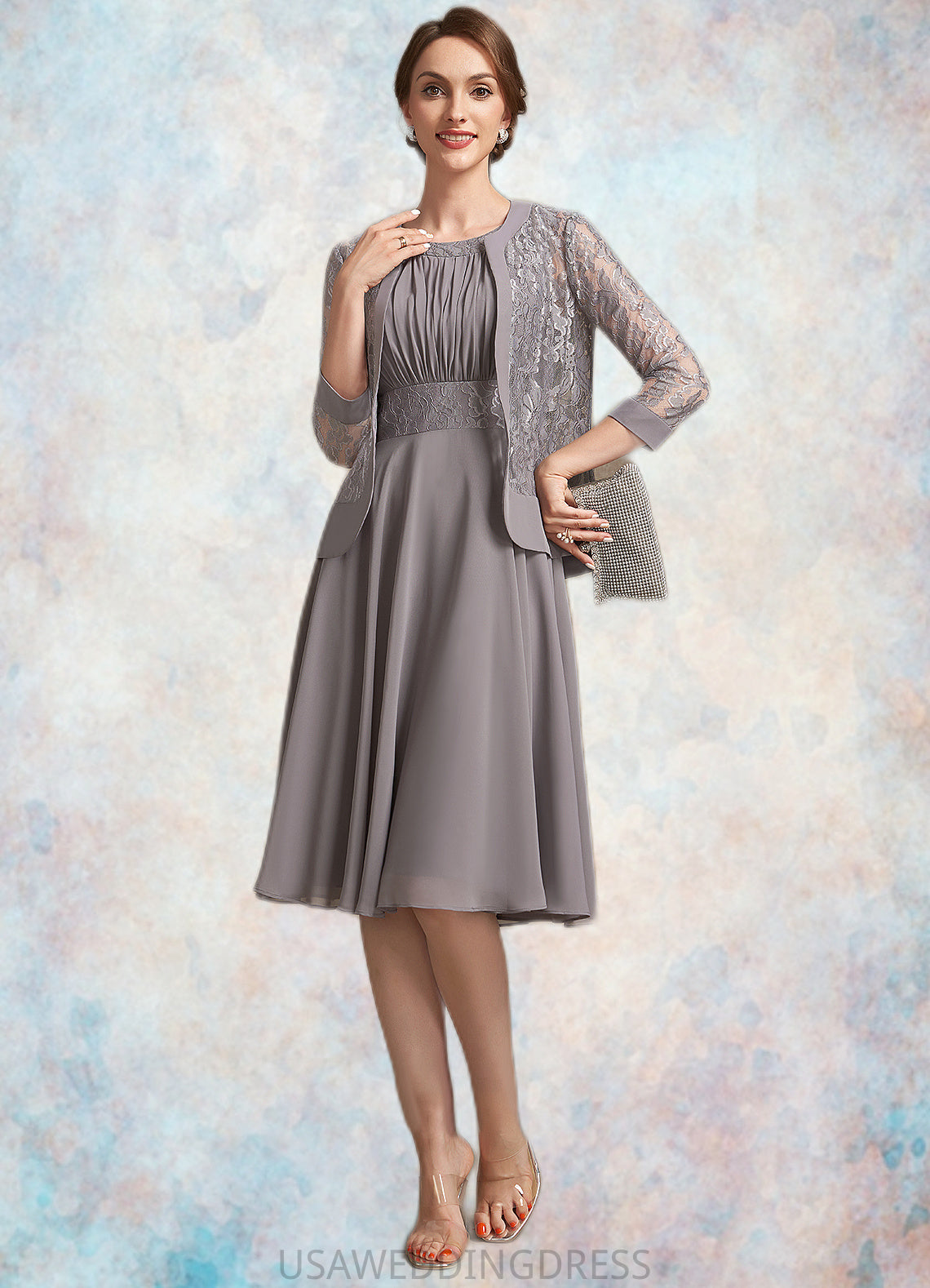 Thirza A-Line Scoop Neck Knee-Length Chiffon Lace Mother of the Bride Dress With Ruffle DS126P0014766