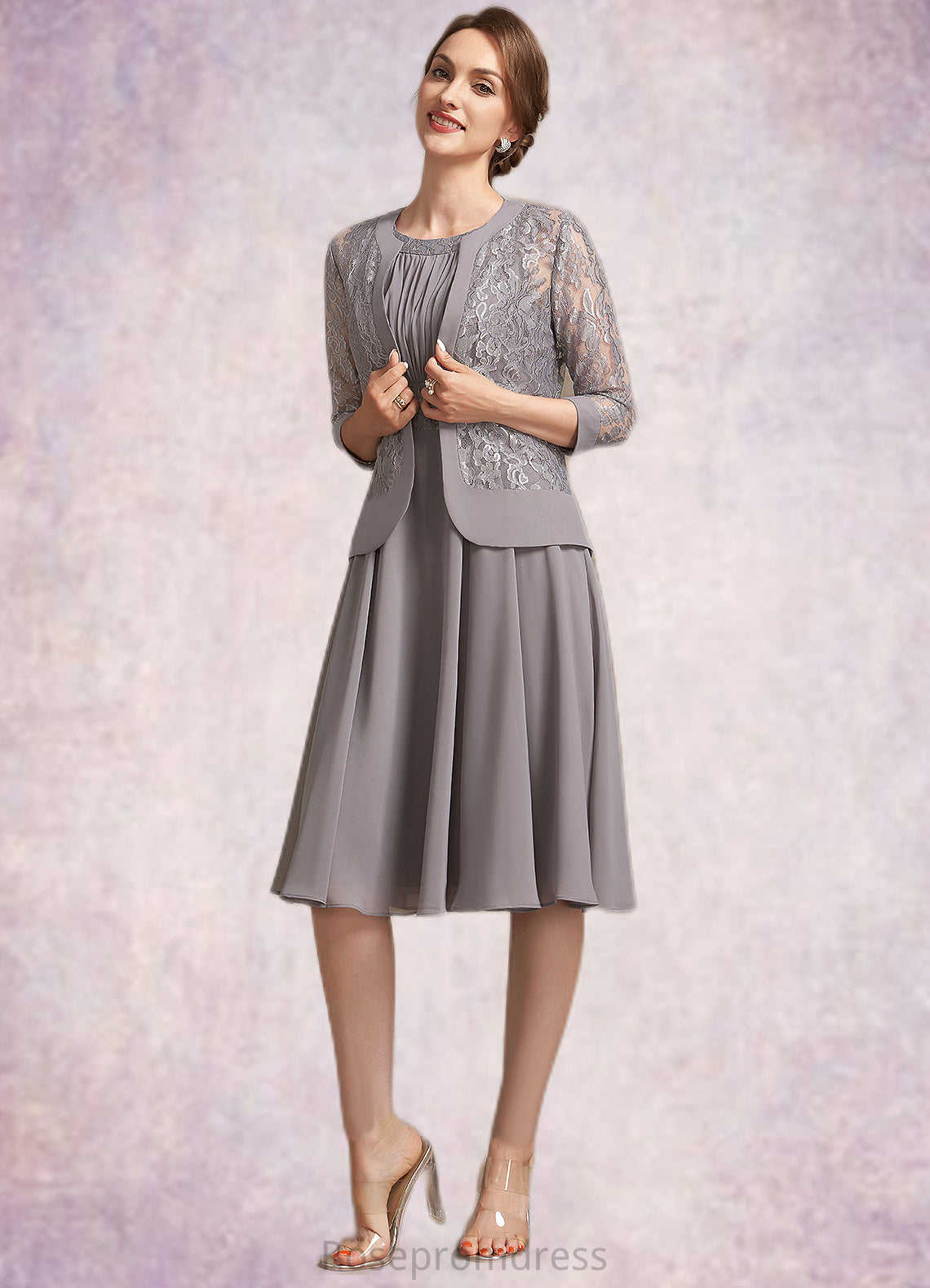 Nicky A-Line Scoop Neck Knee-Length Chiffon Lace Mother of the Bride Dress With Ruffle SRS126P0014766