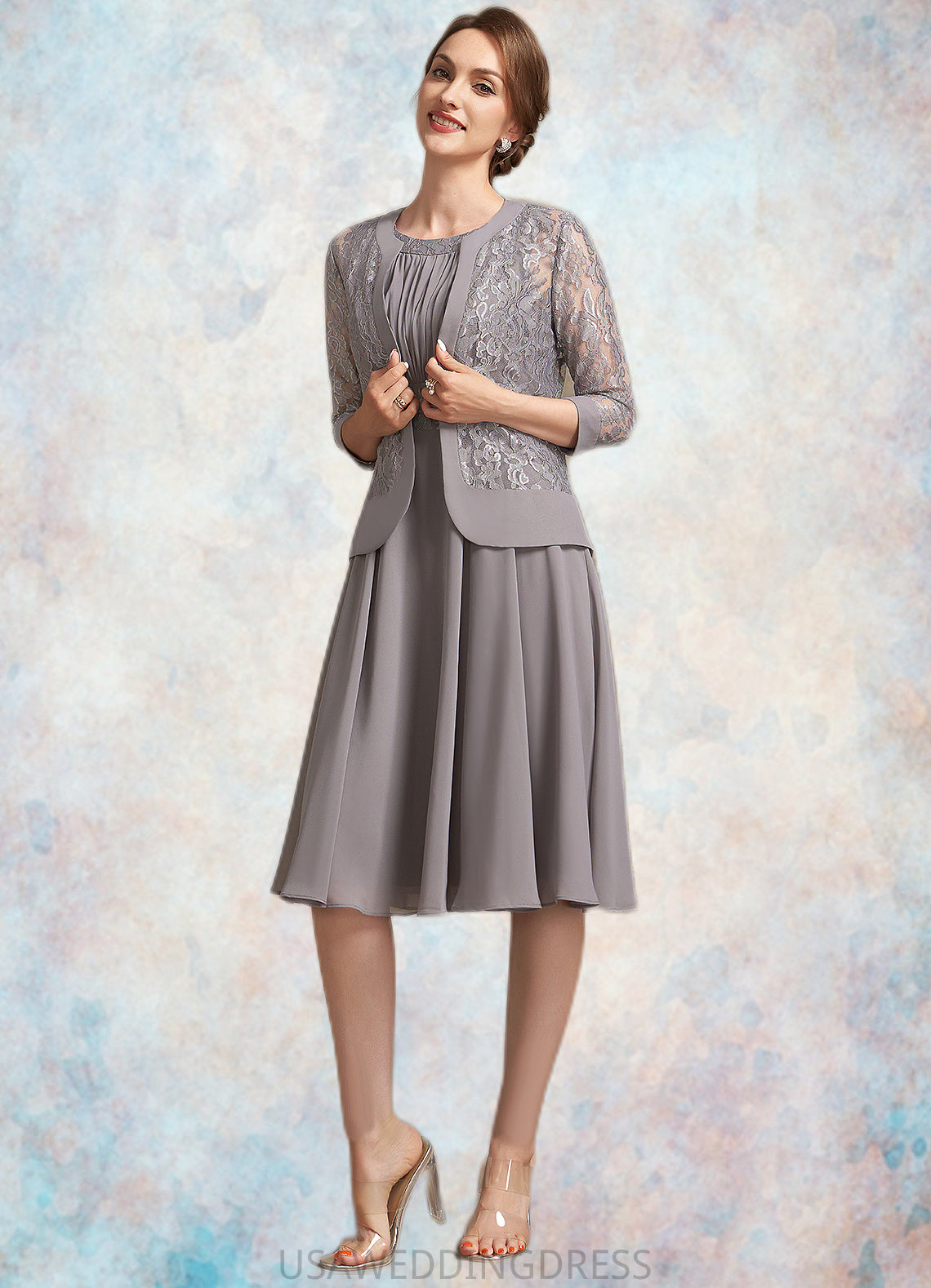 Thirza A-Line Scoop Neck Knee-Length Chiffon Lace Mother of the Bride Dress With Ruffle DS126P0014766