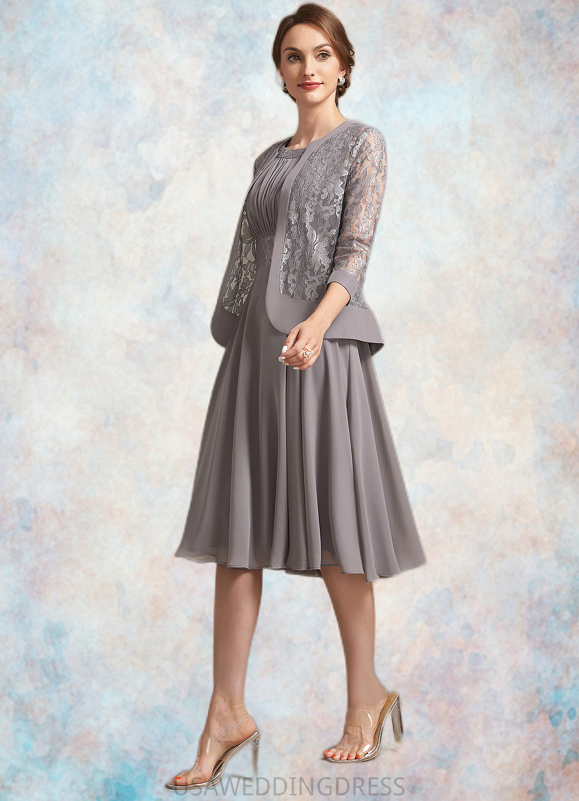 Thirza A-Line Scoop Neck Knee-Length Chiffon Lace Mother of the Bride Dress With Ruffle DS126P0014766