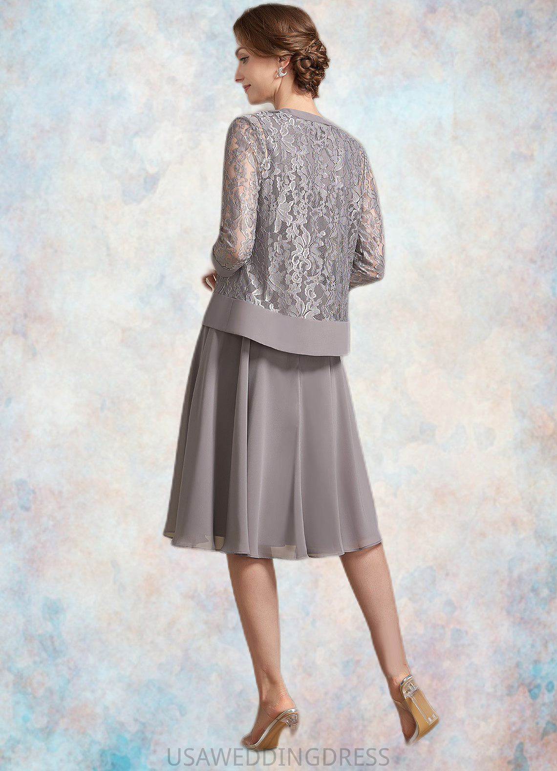 Thirza A-Line Scoop Neck Knee-Length Chiffon Lace Mother of the Bride Dress With Ruffle DS126P0014766