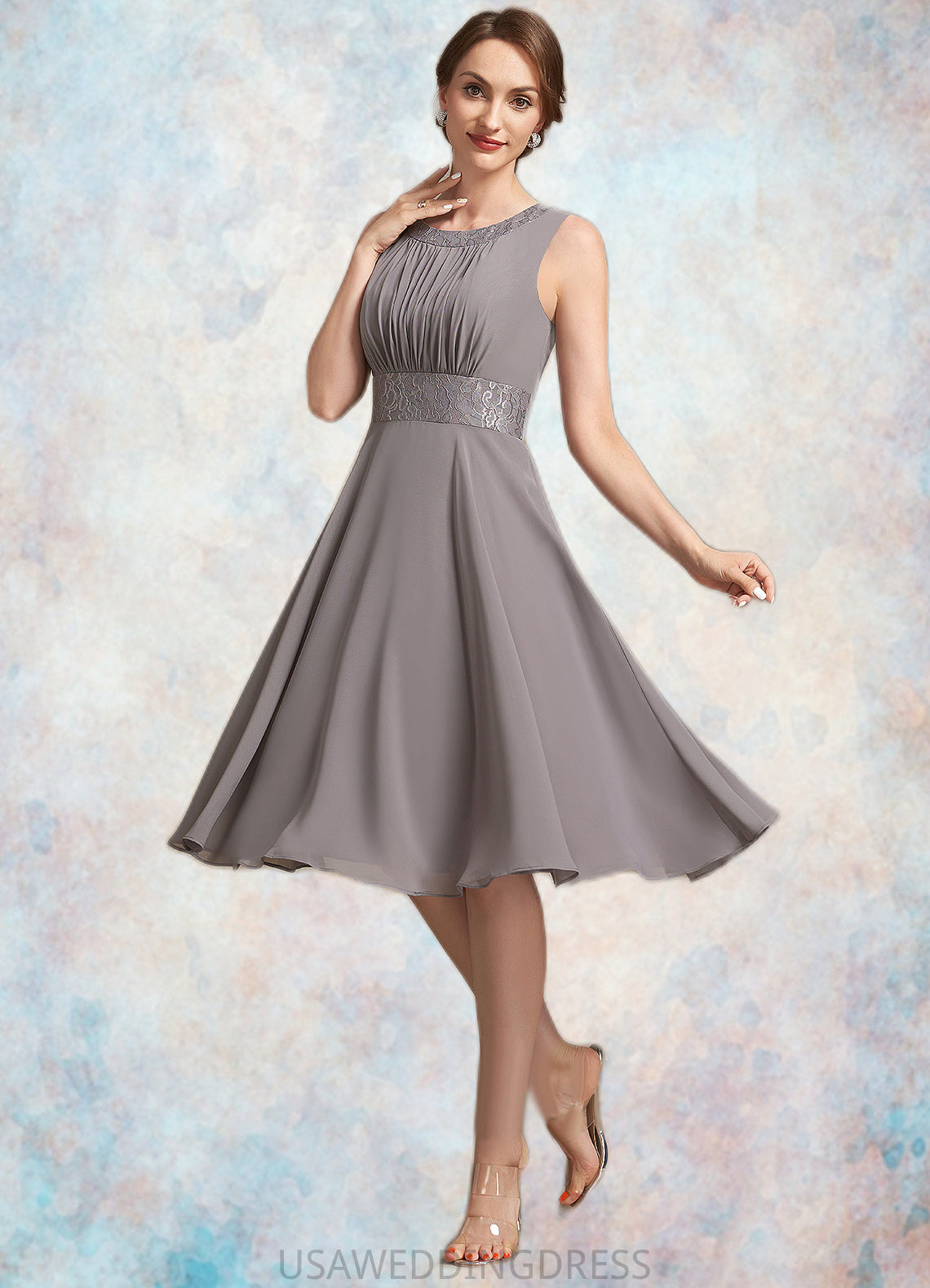 Thirza A-Line Scoop Neck Knee-Length Chiffon Lace Mother of the Bride Dress With Ruffle DS126P0014766