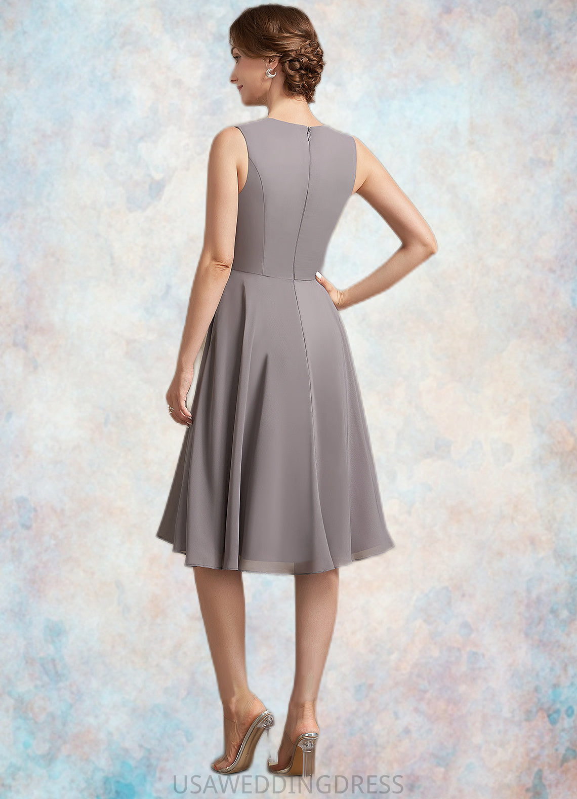 Thirza A-Line Scoop Neck Knee-Length Chiffon Lace Mother of the Bride Dress With Ruffle DS126P0014766