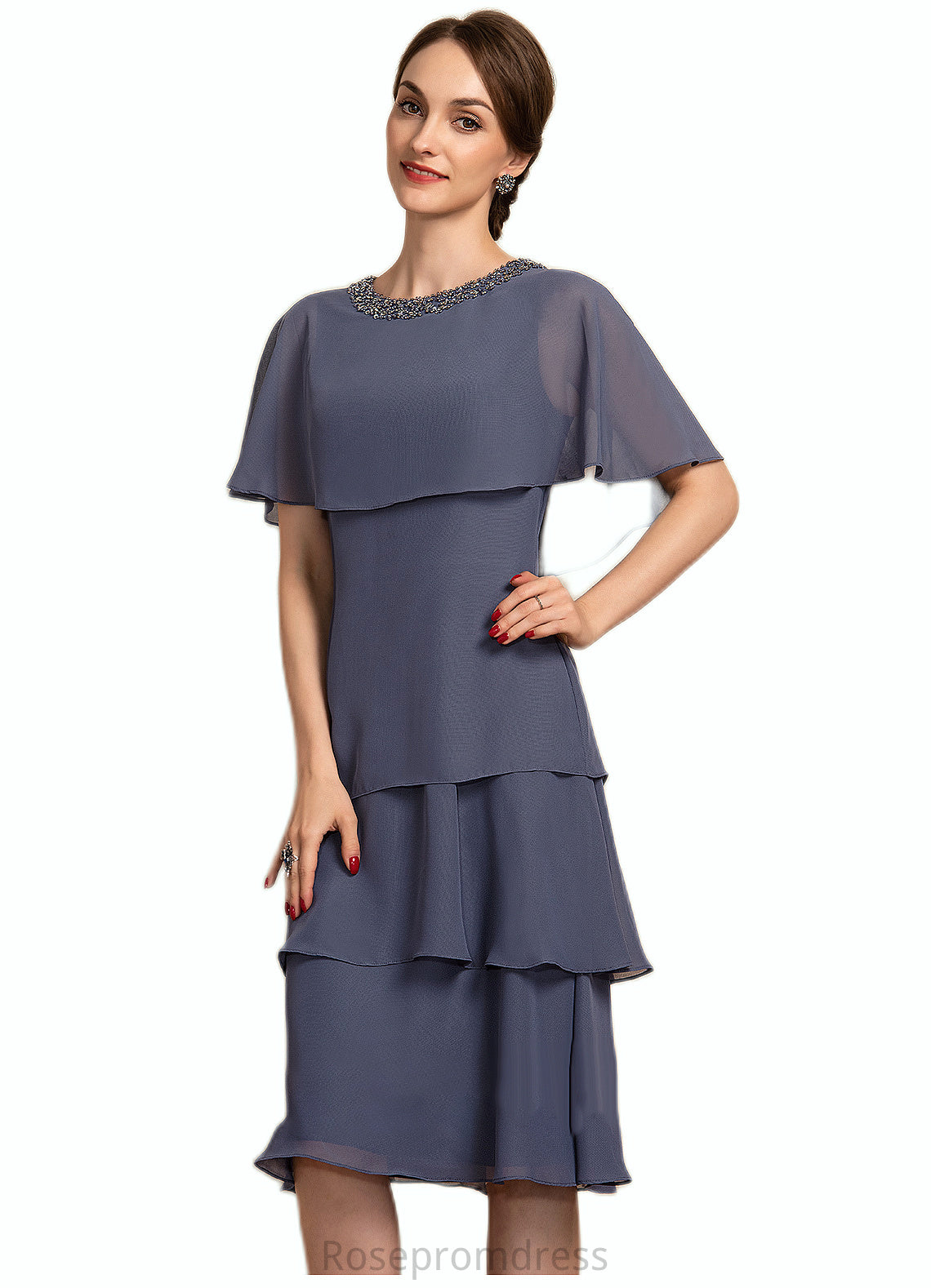 Emilia A-Line Scoop Neck Knee-Length Chiffon Mother of the Bride Dress With Beading Sequins Cascading Ruffles SRS126P0014768