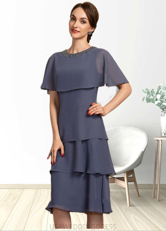 Vivienne A-Line Scoop Neck Knee-Length Chiffon Mother of the Bride Dress With Beading Sequins Cascading Ruffles DS126P0014768