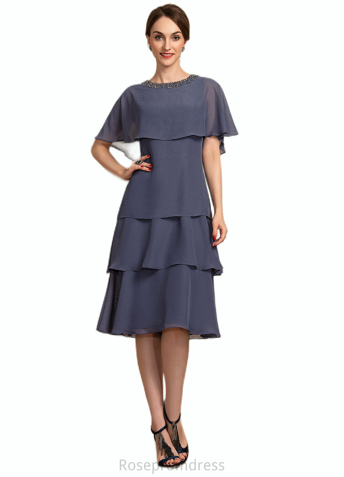 Emilia A-Line Scoop Neck Knee-Length Chiffon Mother of the Bride Dress With Beading Sequins Cascading Ruffles SRS126P0014768