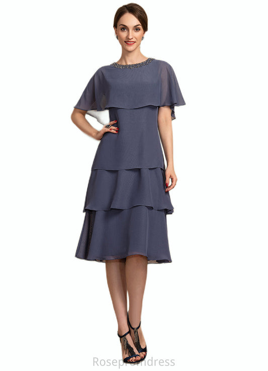 Emilia A-Line Scoop Neck Knee-Length Chiffon Mother of the Bride Dress With Beading Sequins Cascading Ruffles SRS126P0014768