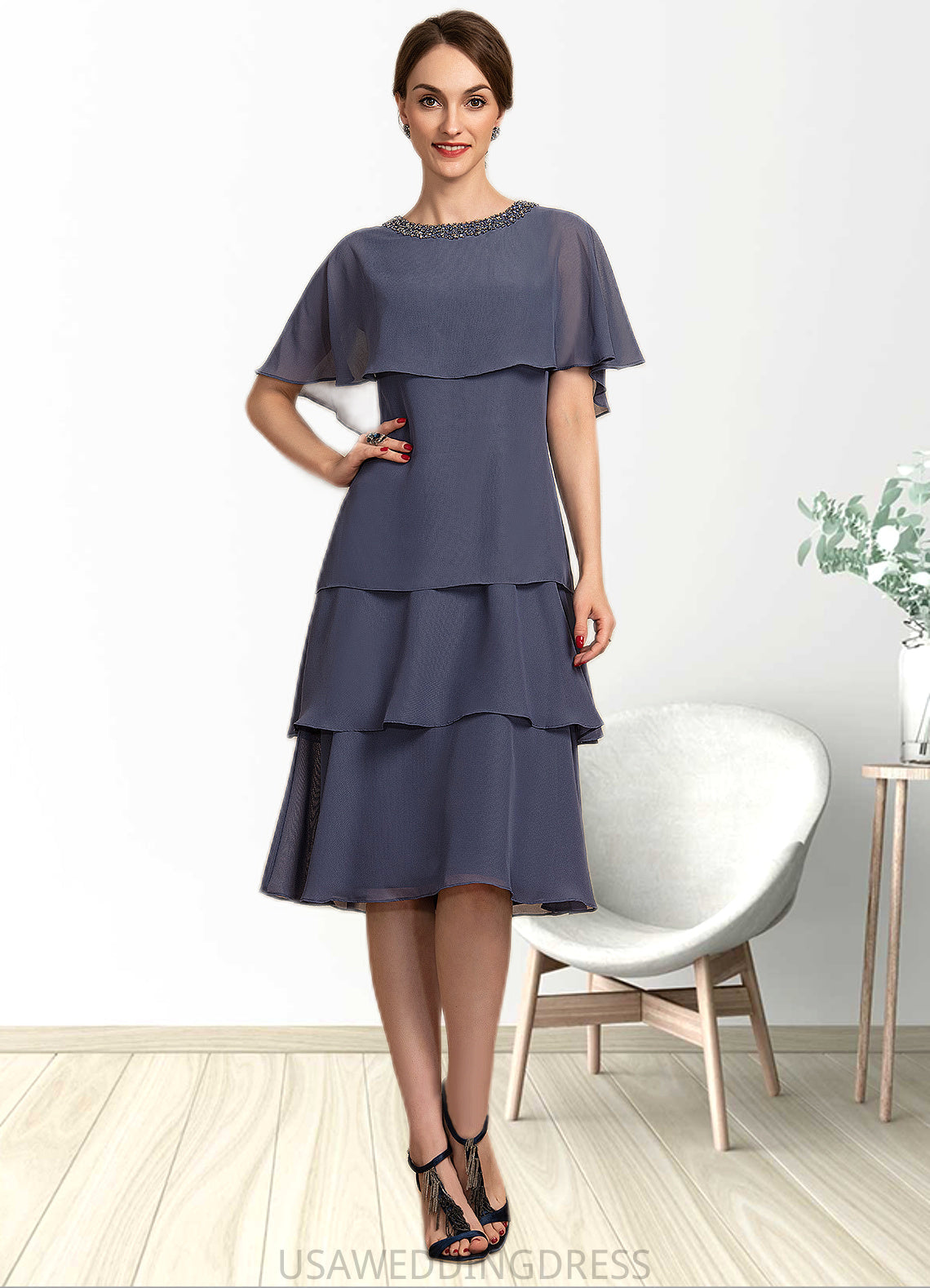 Vivienne A-Line Scoop Neck Knee-Length Chiffon Mother of the Bride Dress With Beading Sequins Cascading Ruffles DS126P0014768