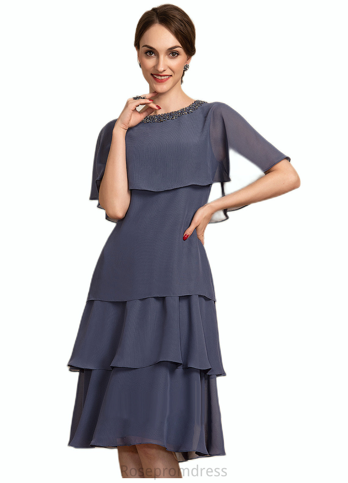 Emilia A-Line Scoop Neck Knee-Length Chiffon Mother of the Bride Dress With Beading Sequins Cascading Ruffles SRS126P0014768