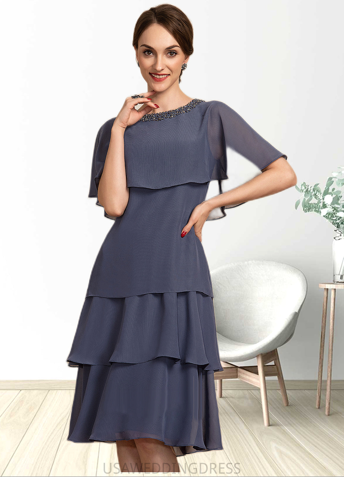 Vivienne A-Line Scoop Neck Knee-Length Chiffon Mother of the Bride Dress With Beading Sequins Cascading Ruffles DS126P0014768