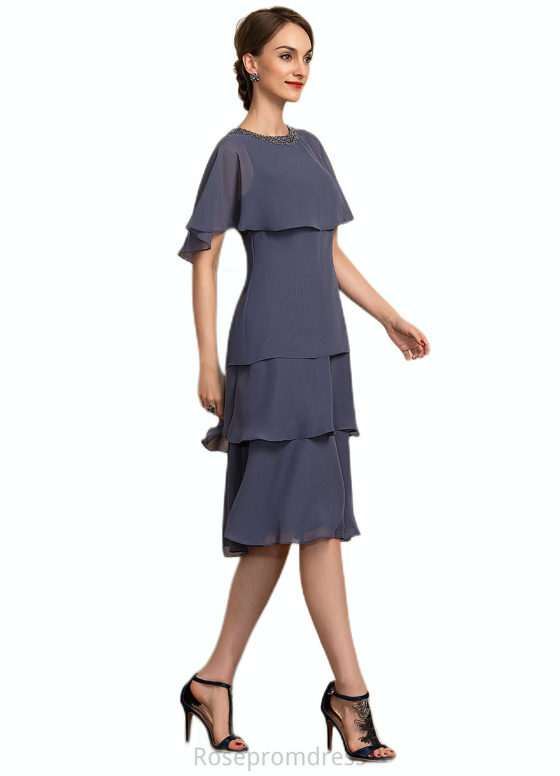 Emilia A-Line Scoop Neck Knee-Length Chiffon Mother of the Bride Dress With Beading Sequins Cascading Ruffles SRS126P0014768