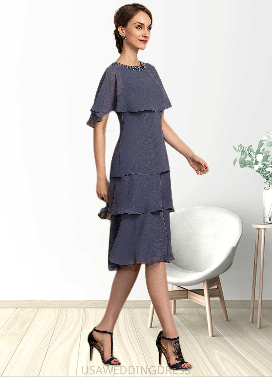 Vivienne A-Line Scoop Neck Knee-Length Chiffon Mother of the Bride Dress With Beading Sequins Cascading Ruffles DS126P0014768