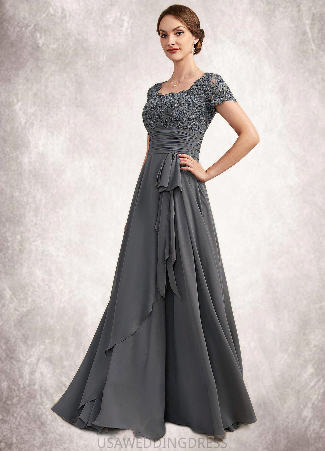 Stephany A-Line Square Neckline Floor-Length Chiffon Lace Mother of the Bride Dress With Ruffle Sequins DS126P0014770