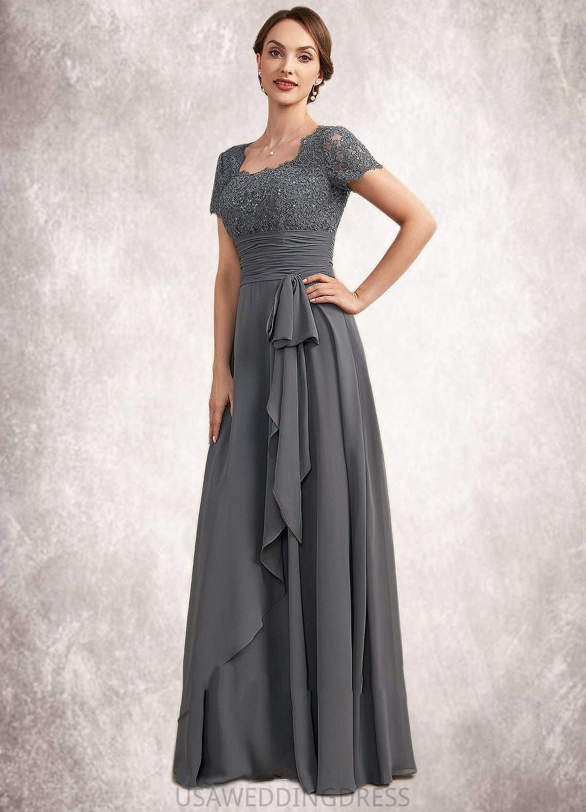 Stephany A-Line Square Neckline Floor-Length Chiffon Lace Mother of the Bride Dress With Ruffle Sequins DS126P0014770