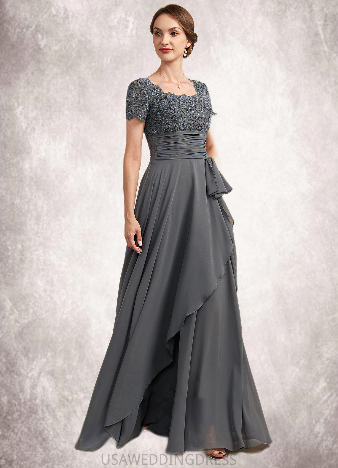 Stephany A-Line Square Neckline Floor-Length Chiffon Lace Mother of the Bride Dress With Ruffle Sequins DS126P0014770