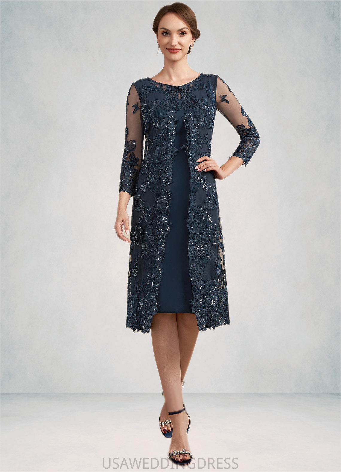 Kennedy Sheath/Column Scoop Neck Knee-Length Chiffon Lace Mother of the Bride Dress With Sequins DS126P0014771