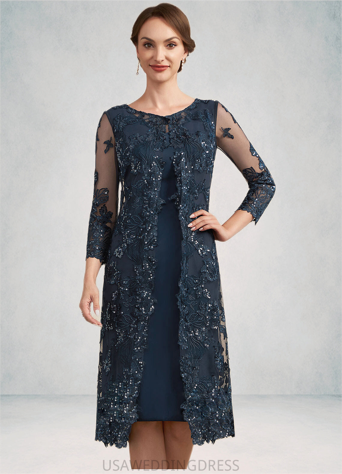 Kennedy Sheath/Column Scoop Neck Knee-Length Chiffon Lace Mother of the Bride Dress With Sequins DS126P0014771