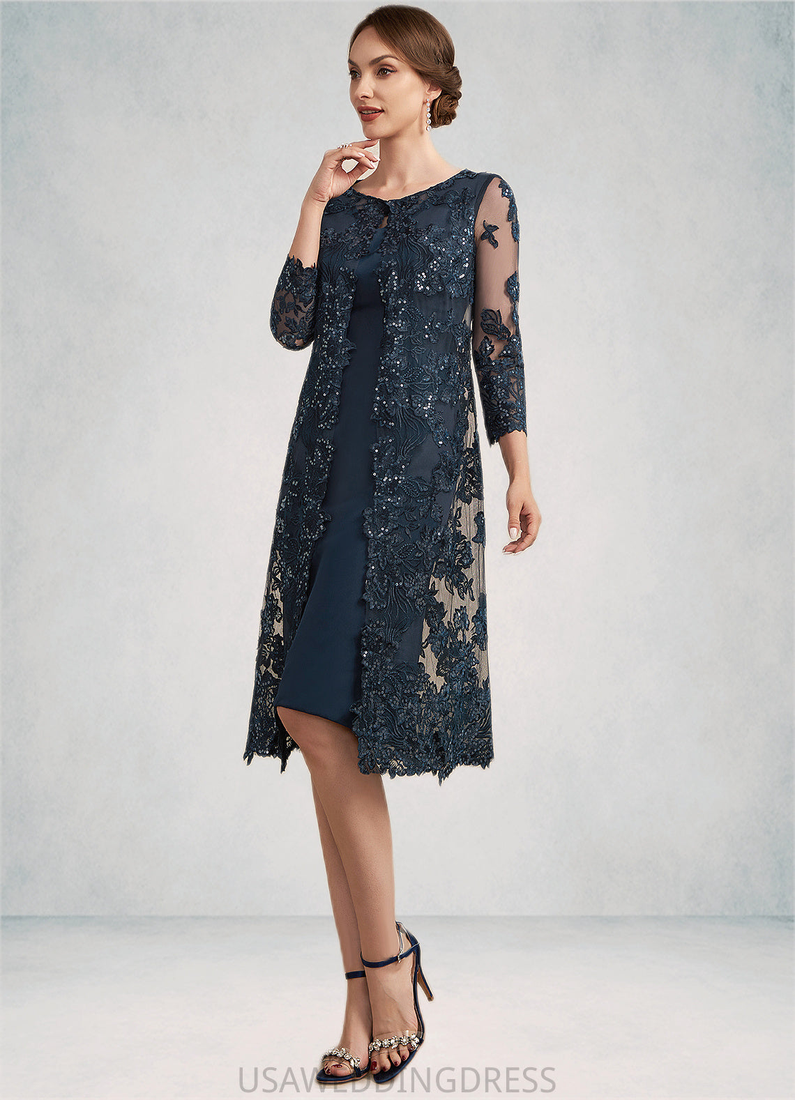 Kennedy Sheath/Column Scoop Neck Knee-Length Chiffon Lace Mother of the Bride Dress With Sequins DS126P0014771