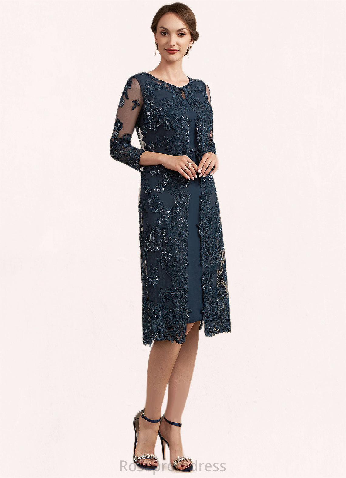 Penelope Sheath/Column Scoop Neck Knee-Length Chiffon Lace Mother of the Bride Dress With Sequins SRS126P0014771