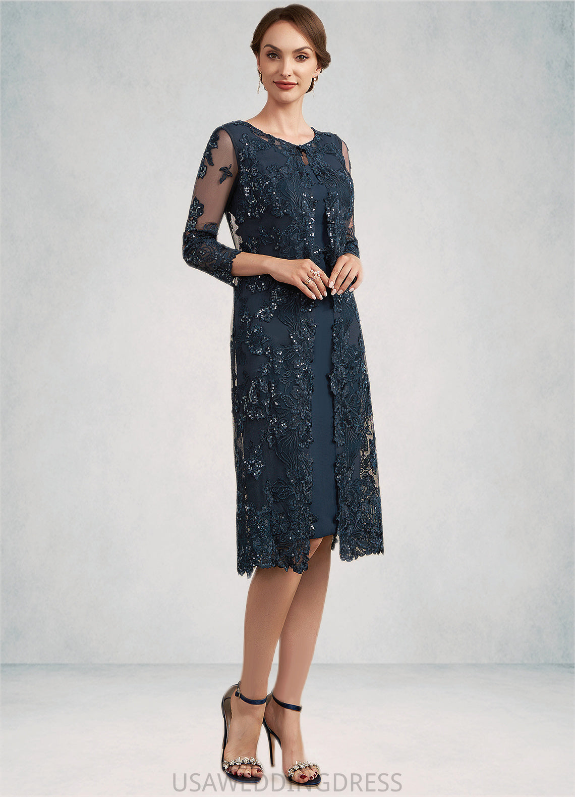 Kennedy Sheath/Column Scoop Neck Knee-Length Chiffon Lace Mother of the Bride Dress With Sequins DS126P0014771